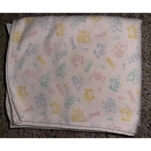Vintage Carter's Flannel Receiving Blanket Bears Bunnies Rattles Toys Faded Read